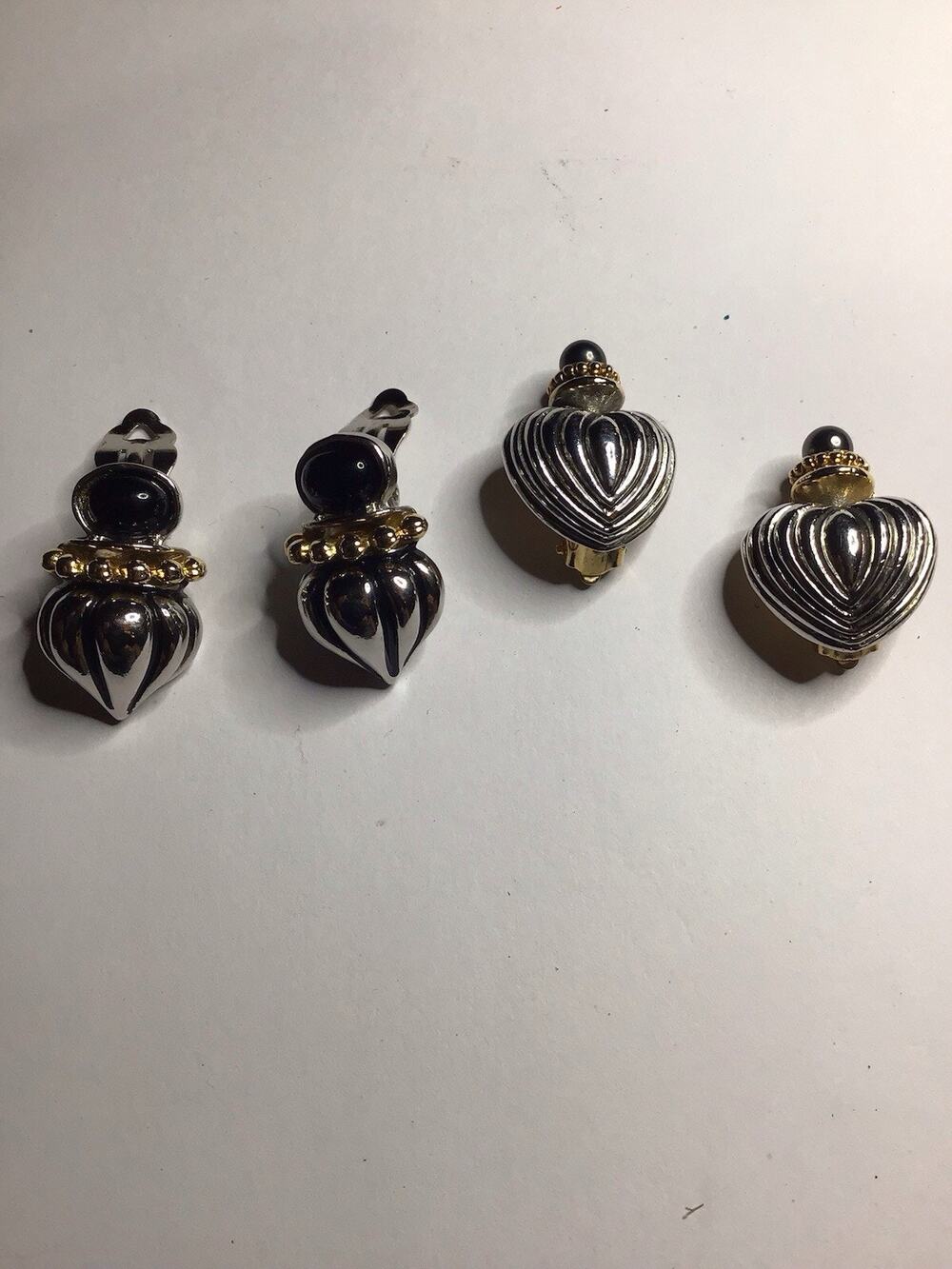 Vintage Musa Two Tone Silver Gold Heart Clip On Earrings Set Of 2 Pairs